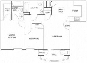 Floor plan for 2 beds, 2 baths, 957 sqft