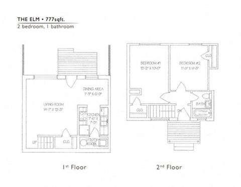 Floor plan for 2 beds, 1 bath, 766 sqft