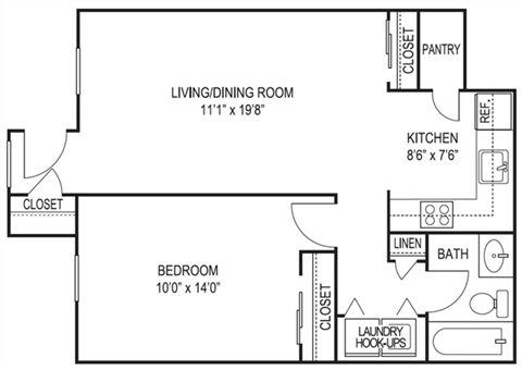 Floor plan for 1 bed, 1 bath, 1157 sqft