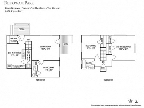Floor plan for 3 beds, 1.5 baths, 1006 sqft