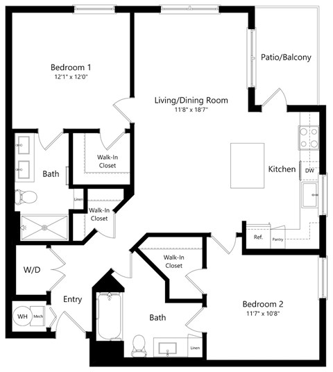 Floor plan for 2 beds, 2 baths, 1121 sqft