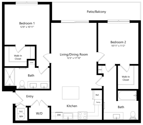 Floor plan for 2 beds, 2 baths, 1085 sqft