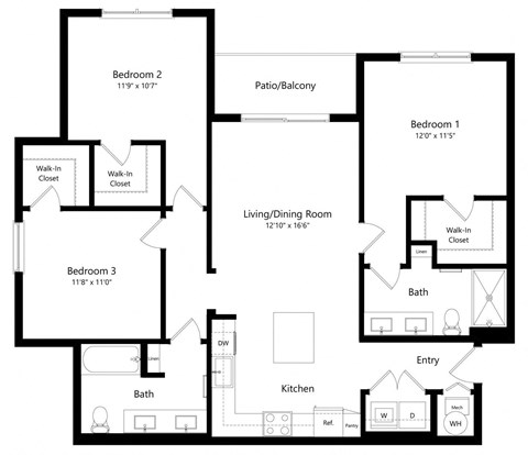 Floor plan for 3 beds, 2 baths, 1327 sqft