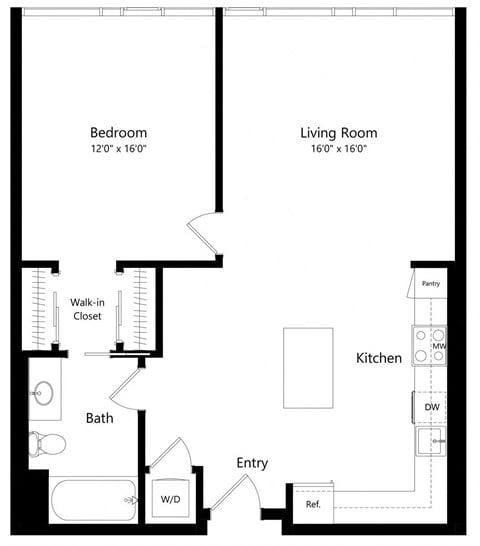 Floor plan for 1 bed, 1 bath, 875 sqft