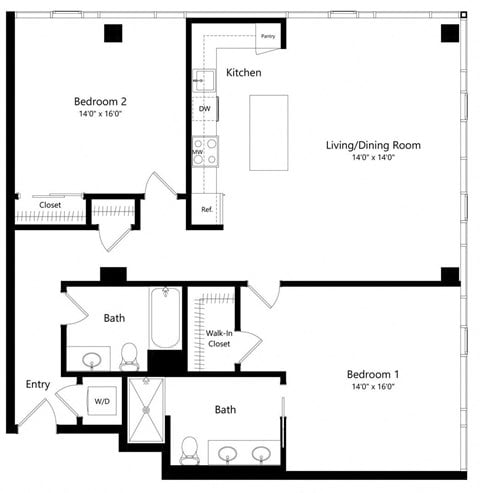 Floor plan for 2 beds, 2 baths, 1326 sqft