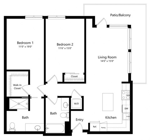 Floor plan for 2 beds, 2 baths, 1166 sqft