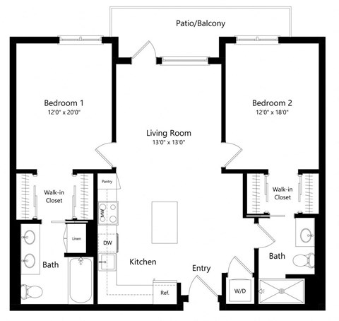 Floor plan for 2 beds, 2 baths, 1140 sqft