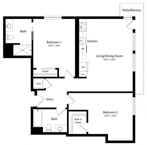 Floor plan for 2 beds, 2 baths, 1098 sqft