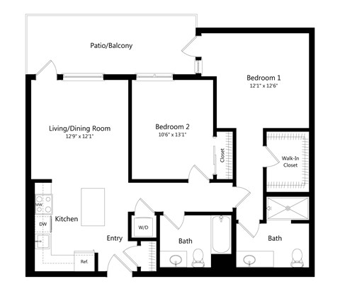 Floor plan for 2 beds, 2 baths, 1054 sqft
