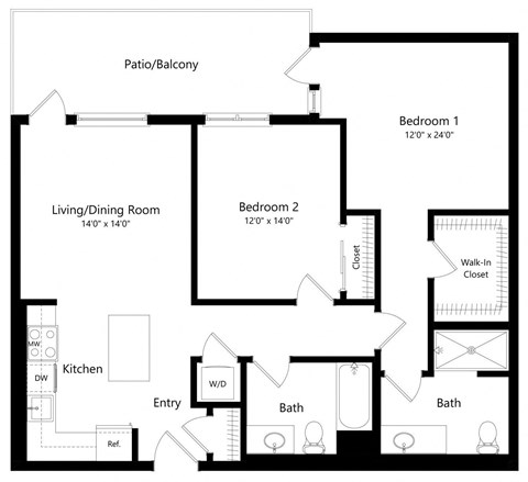 Floor plan for 2 beds, 2 baths, 1054 sqft