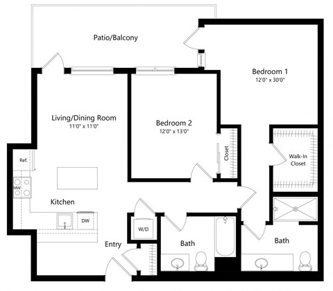 Floor plan for 2 beds, 2 baths, 1047 sqft