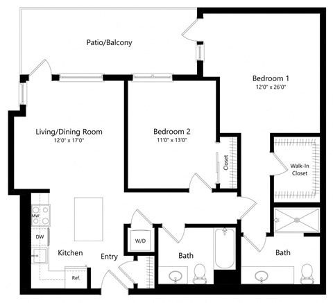 Floor plan for 2 beds, 2 baths, 1073 sqft