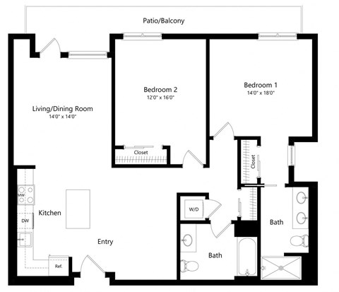 Floor plan for 2 beds, 2 baths, 1217 sqft