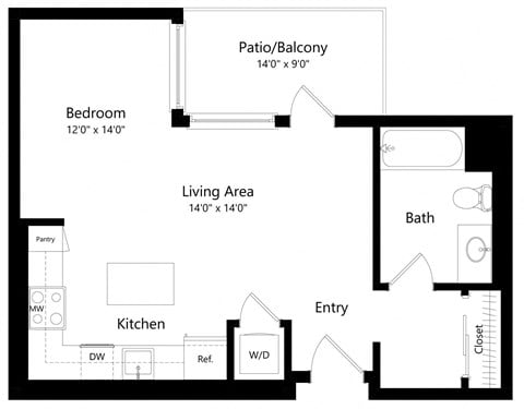 Floor plan for studio, 1 bath, 561 sqft
