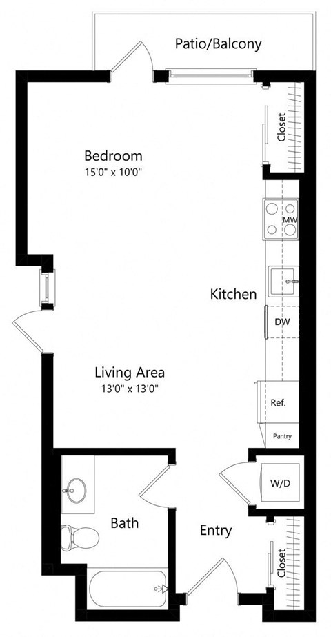 Floor plan for studio, 1 bath, 564 sqft