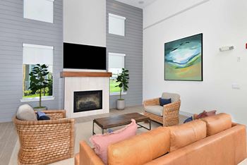 Library with fireplace, computer stations & lounge seating