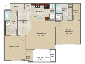 Floor plan for 2 beds, 2 baths, 1076 sqft