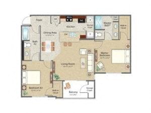 Floor plan for 2 beds, 2 baths, 989 sqft