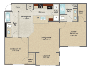Floor plan for 2 beds, 2 baths, 1154 sqft