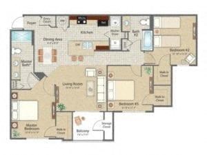 Floor plan for 3 beds, 2 baths, 1332 sqft