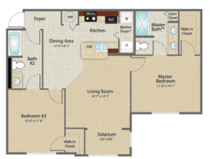 Floor plan for 2 beds, 2 baths, 1039 sqft