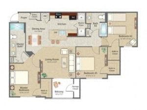 Floor plan for 3 beds, 2 baths, 1253 sqft