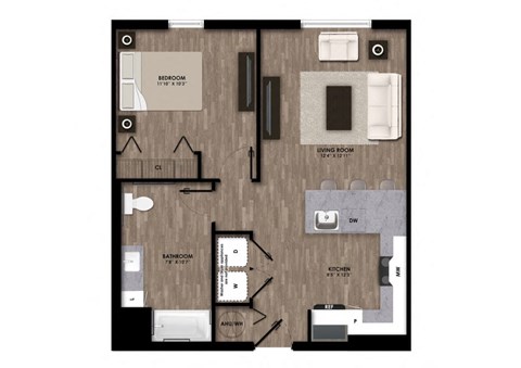 Floor plan for 1 bed, 1 bath, 709 sqft