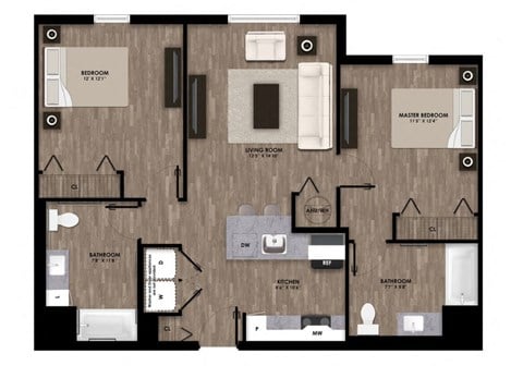 Floor plan for 2 beds, 2 baths, 1007 sqft