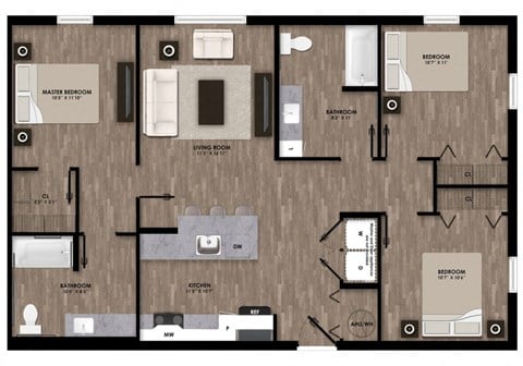 Floor plan for 3 beds, 2 baths, 1196 sqft