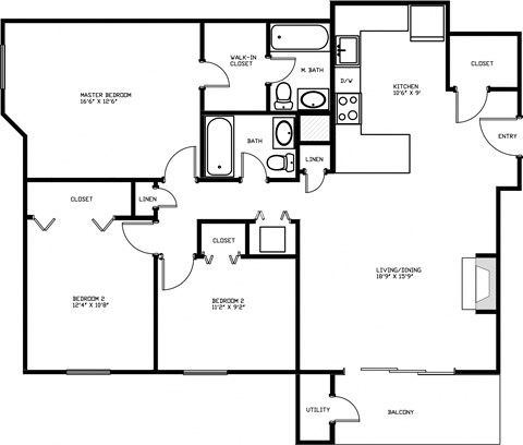 Floor plan for 3 beds, 2 baths, 1112 sqft