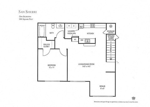 Floor plan for 1 bed, 1 bath, 900 sqft