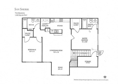 Floor plan for 2 beds, 2 baths, 1028 sqft