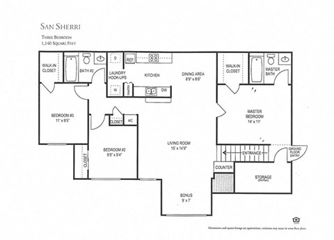 Floor plan for 3 beds, 2 baths, 1140 sqft
