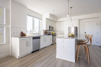 Chef-inspired kitchens with stainless-steel appliances, quartz countertops & tile backsplash