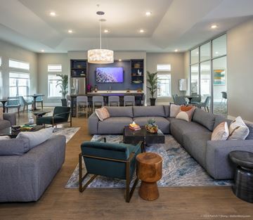 Austin apartment for rent - A modern living room with grey couches and a wooden coffee table.