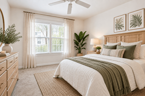 Leesburg apartment for rent - A bedroom with a large bed, a ceiling fan, and a window with curtains.