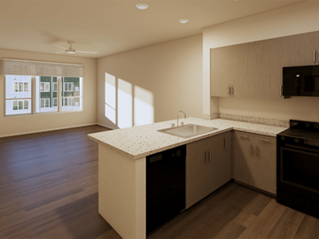 Portsmouth apartment for rent - A modern kitchen with a large island in the middle.