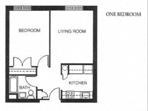 Floor plan for 1 bed, 1 bath, 576 sqft