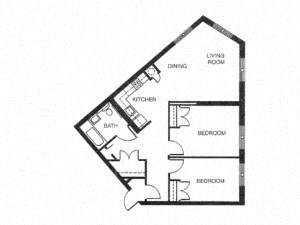 Floor plan for 2 beds, 1 bath, 880 sqft