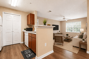 Tampa apartment for rent - A kitchen with a white refrigerator and a white door.