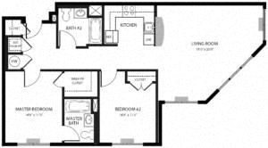 Floor plan for 2 beds, 2 baths, 1099 sqft