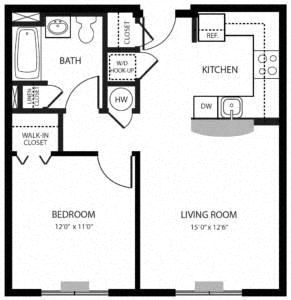 Floor plan for 1 bed, 1 bath, 641 sqft