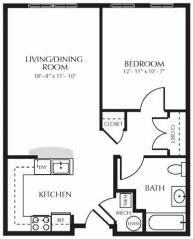 Floor plan for 1 bed, 1 bath, 619 sqft