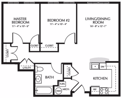 Floor plan for 2 beds, 2 baths, 822 sqft