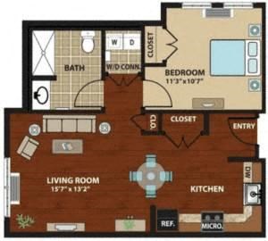Floor plan for 1 bed, 1 bath, 637 sqft