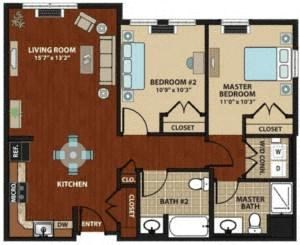 Floor plan for 2 beds, 2 baths, 906 sqft