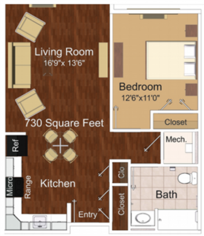 Floor plan for 1 bed, 1 bath, 730 sqft
