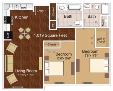 Floor plan for 2 beds, 2 baths, 1050 sqft