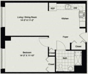 Floor plan for 1 bed, 1 bath, 685 sqft