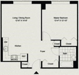 Floor plan for 1 bed, 1 bath, 696 sqft